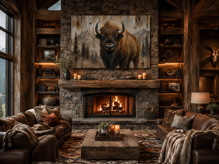 Rustic American buffalo portrait on wood framed canvas above a stone fireplace in a cabin setting.
