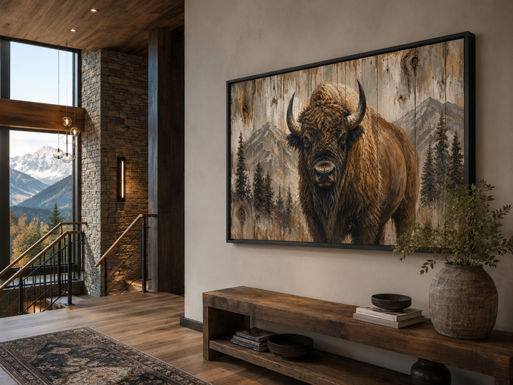 American buffalo portrait on rustic wood framed canvas wall art in a mountain cabin setting.