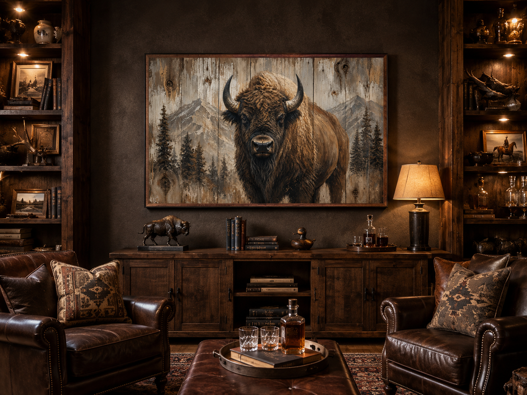 Rustic framed wood wall art of an American buffalo portrait in a western-style cabin living room.