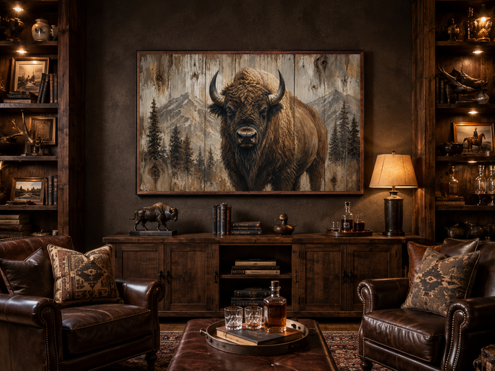 Rustic framed wood wall art of an American buffalo portrait in a western-style cabin living room.