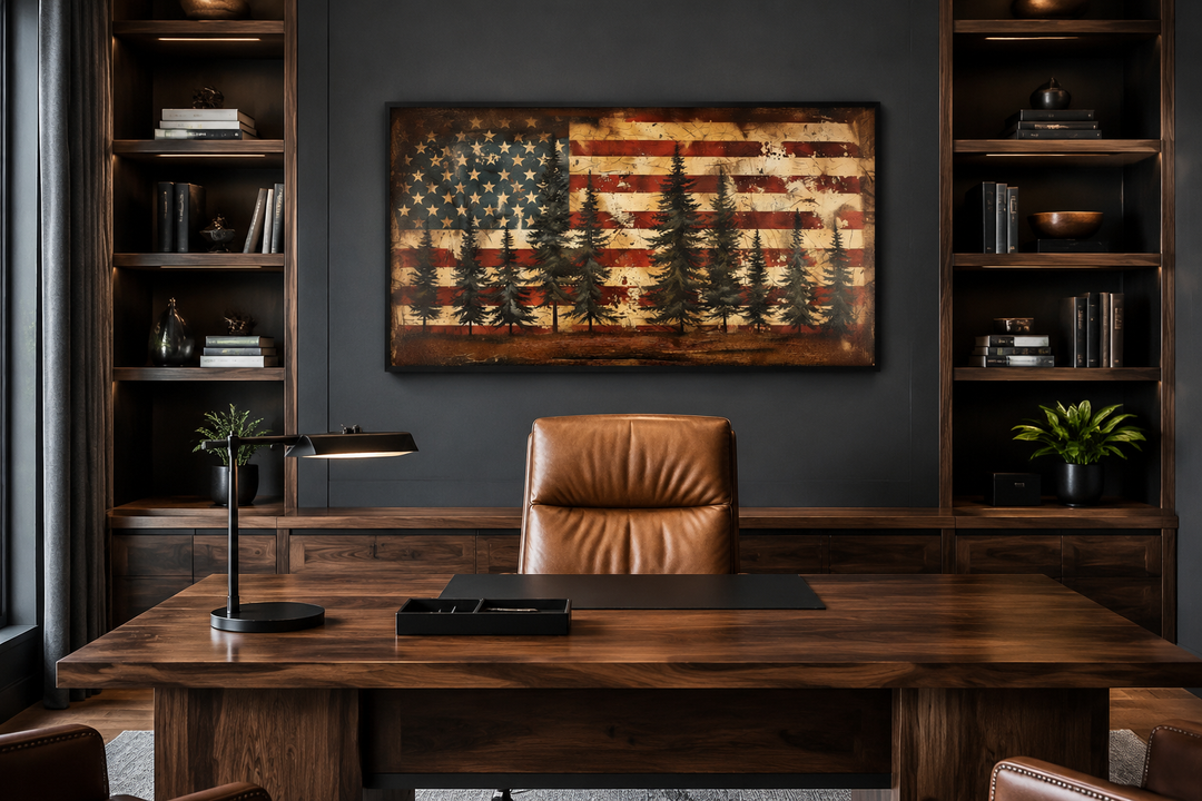 Rustic American flag canvas wall art with pine trees in a dark wood home office setting.