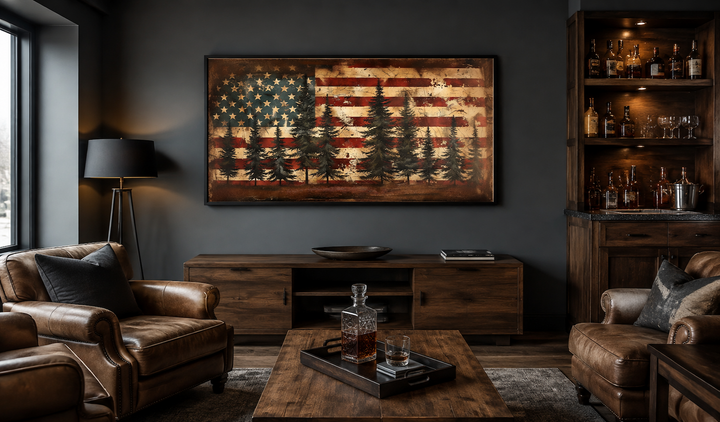 Framed rustic American flag canvas wall art with pine trees in a dark, masculine living room.