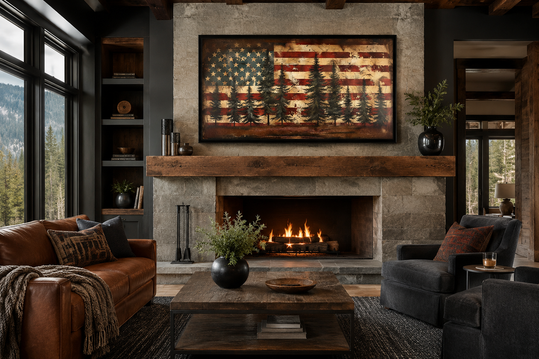 Rustic American flag with pine trees framed canvas wall art hanging above a stone fireplace.