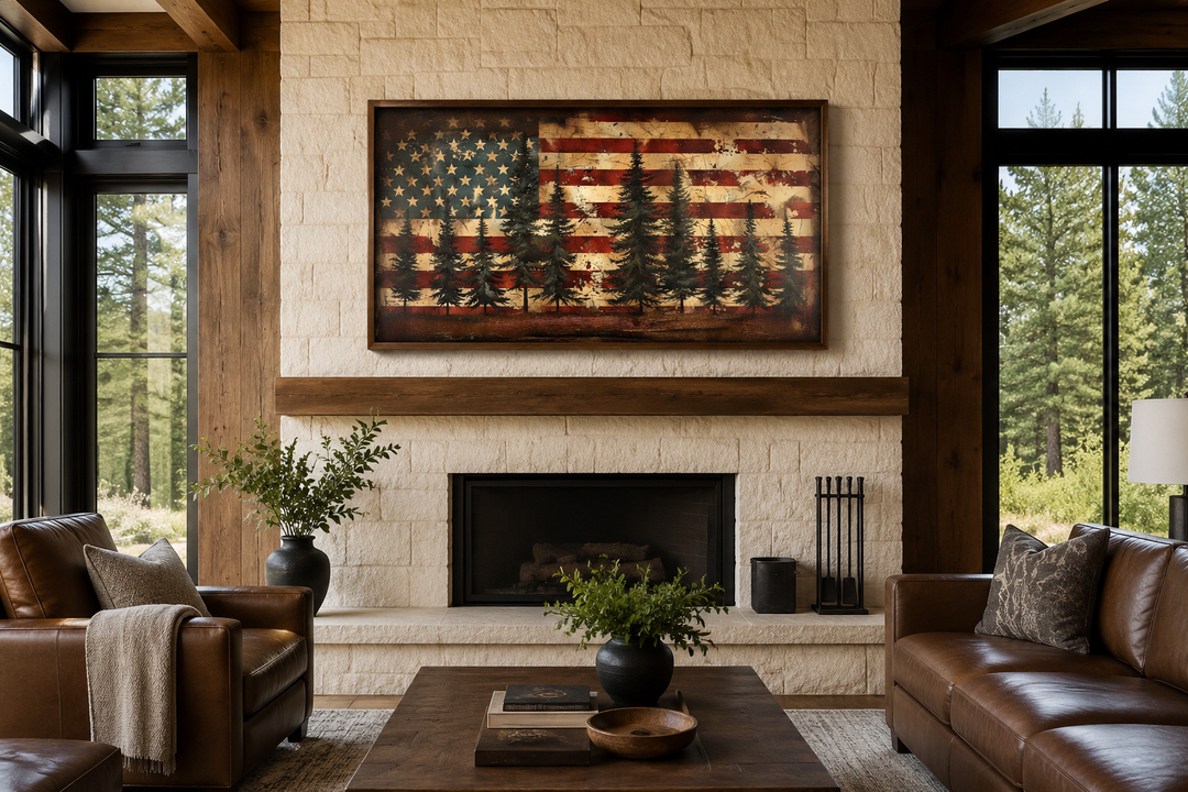 Rustic American flag with pine trees framed canvas art above a fireplace in a cozy living room.