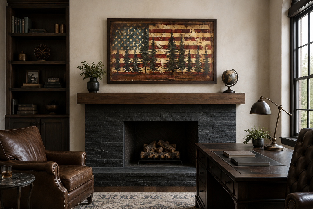 Rustic American flag canvas art with pine trees above a fireplace in a traditional home office.