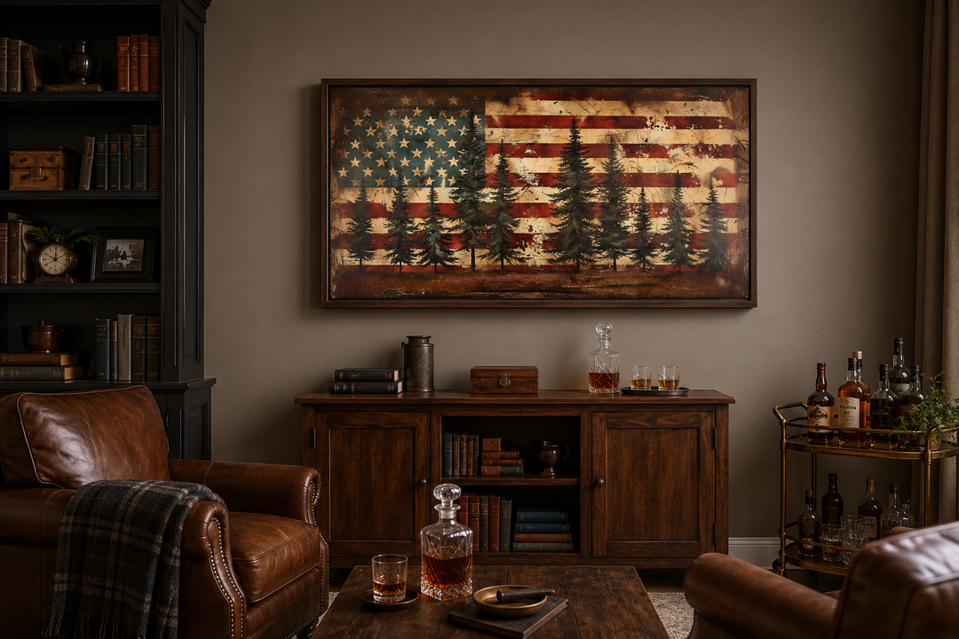 Rustic American flag framed canvas wall art with pine trees in a masculine study setting.