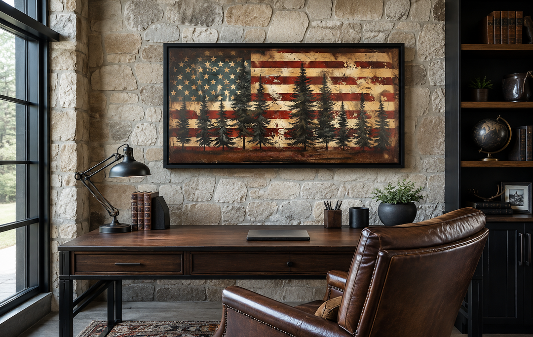 Framed rustic American flag canvas wall art with pine tree silhouettes over a stone wall desk.