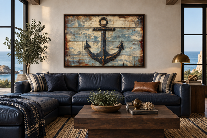 Rustic Anchor wall art on a weathered wood-style background above a navy leather sofa.