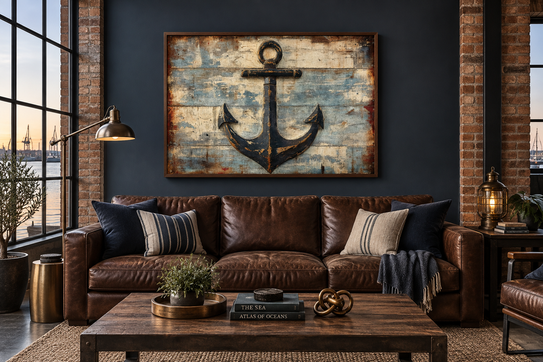 Rustic anchor wall art on a dark blue wall above a brown leather sofa in a nautical living room.