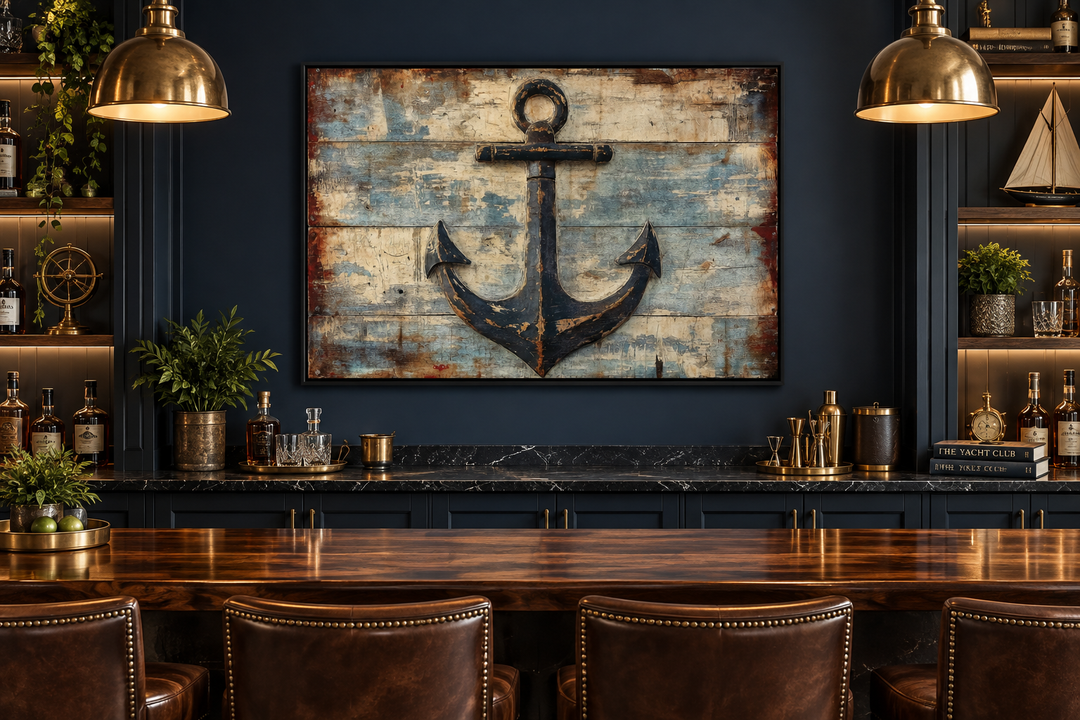 Rustic anchor canvas wall art with a weathered wood background in a dark, nautical-themed home bar.