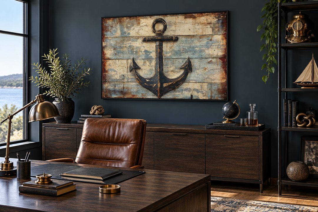 Rustic anchor wall art on a weathered wood-style background in a dark, nautical-themed home office.