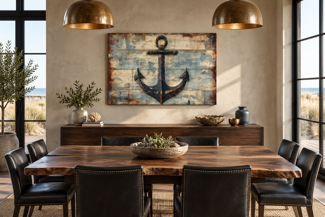 Rustic Anchor wall art on a weathered wood-style canvas in a coastal dining room.
