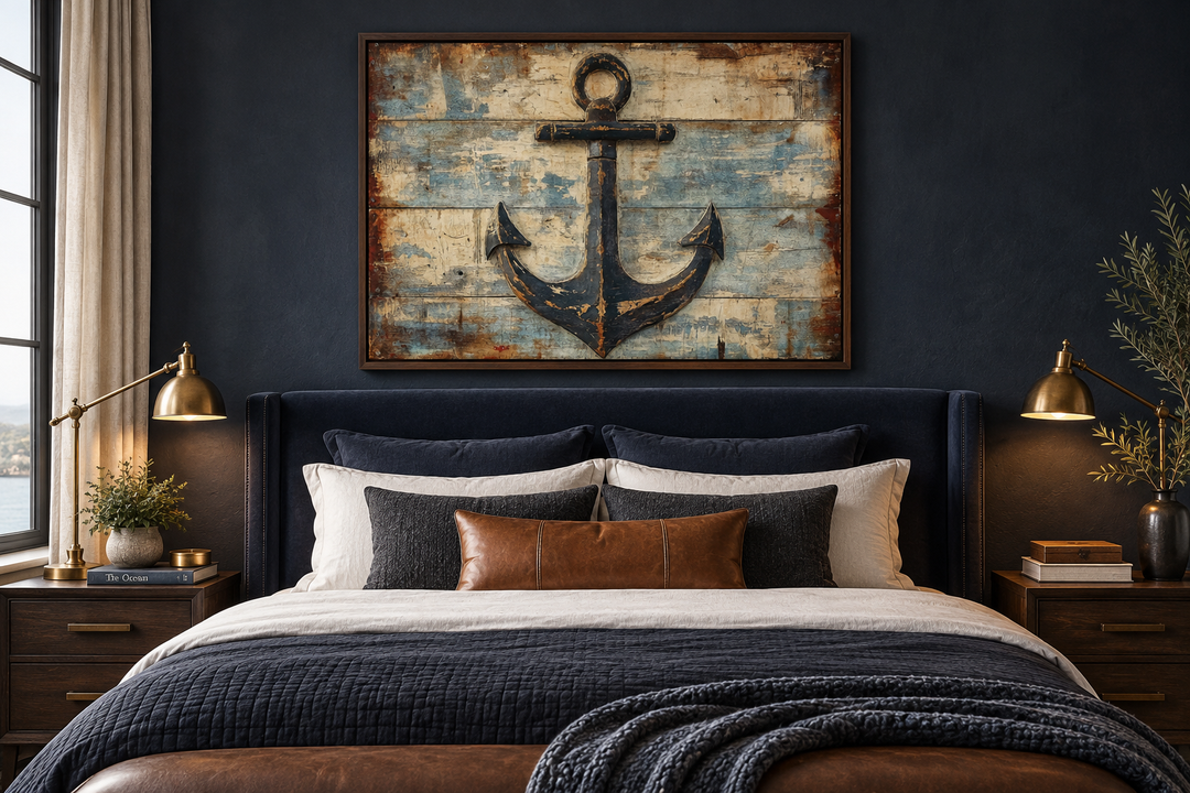 Rustic Anchor Wall Art on a weathered wood-style background above a bed in a navy blue bedroom.