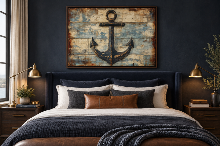 Rustic Anchor Wall Art on a weathered wood-style background above a bed in a navy blue bedroom.