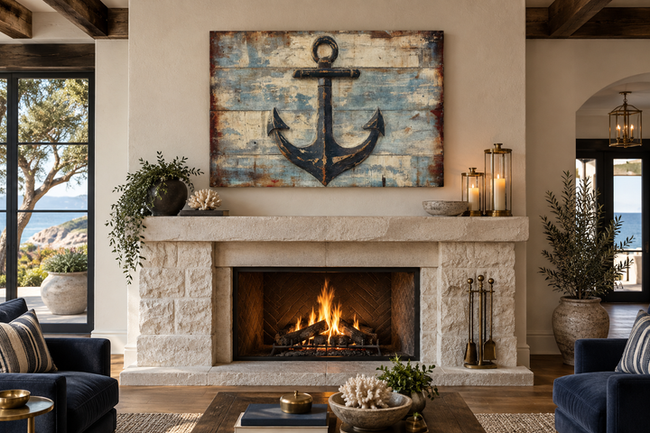Rustic anchor canvas wall art with a weathered wood plank background over a stone fireplace.