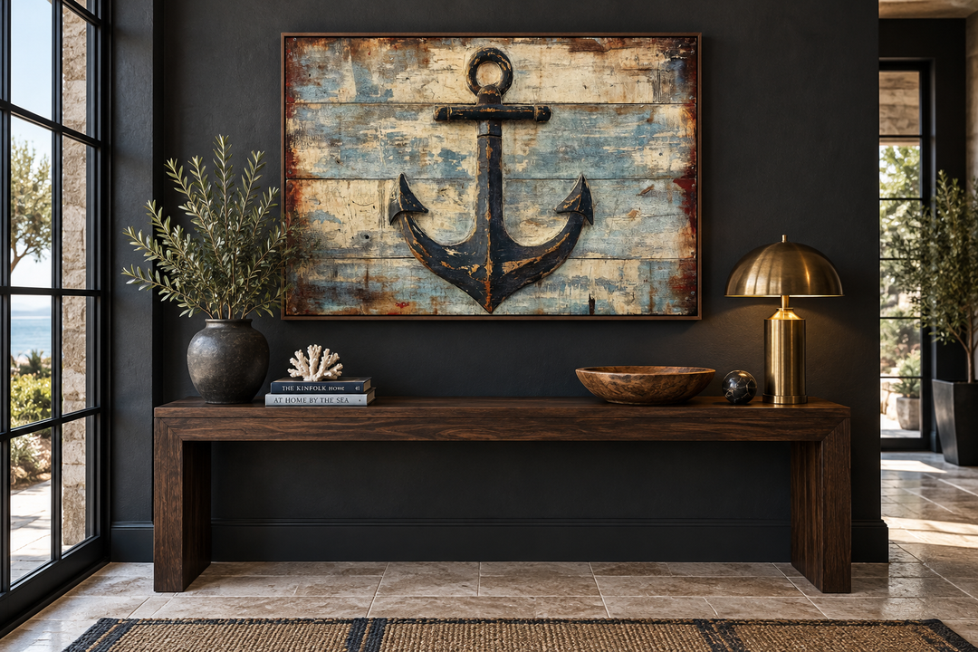 Rustic anchor canvas wall art with distressed wood texture above a dark wood console table.