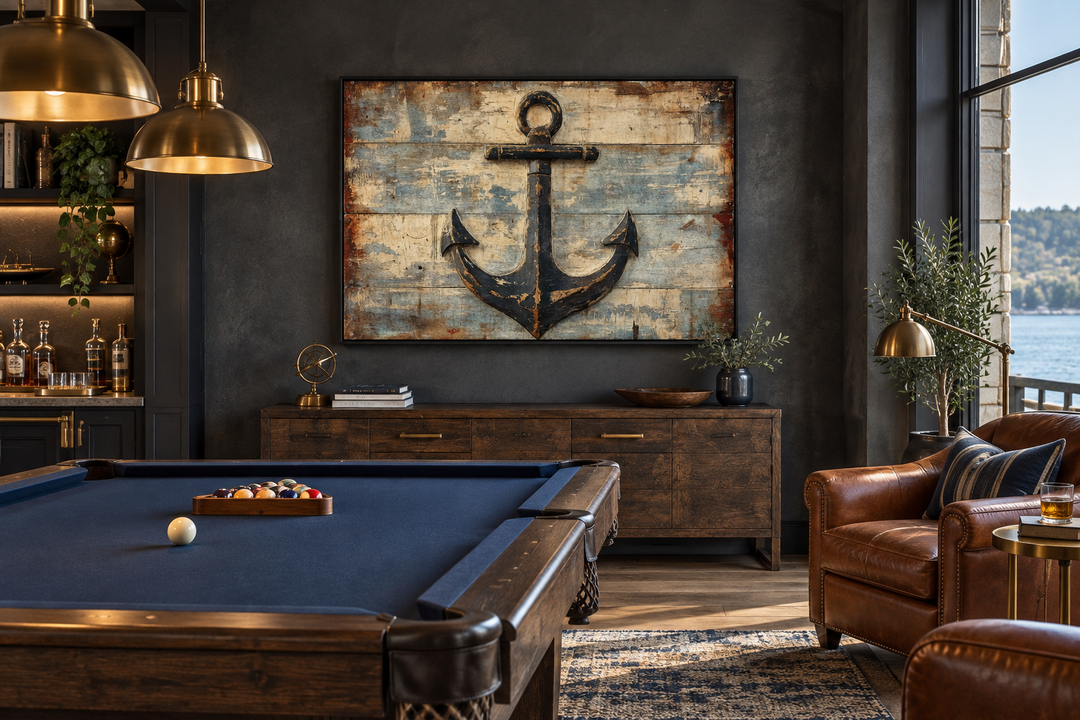 Rustic anchor wall art with a distressed navy anchor on weathered wood-style canvas in a game room.