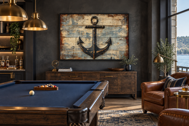 Rustic anchor wall art with a distressed navy anchor on weathered wood-style canvas in a game room.