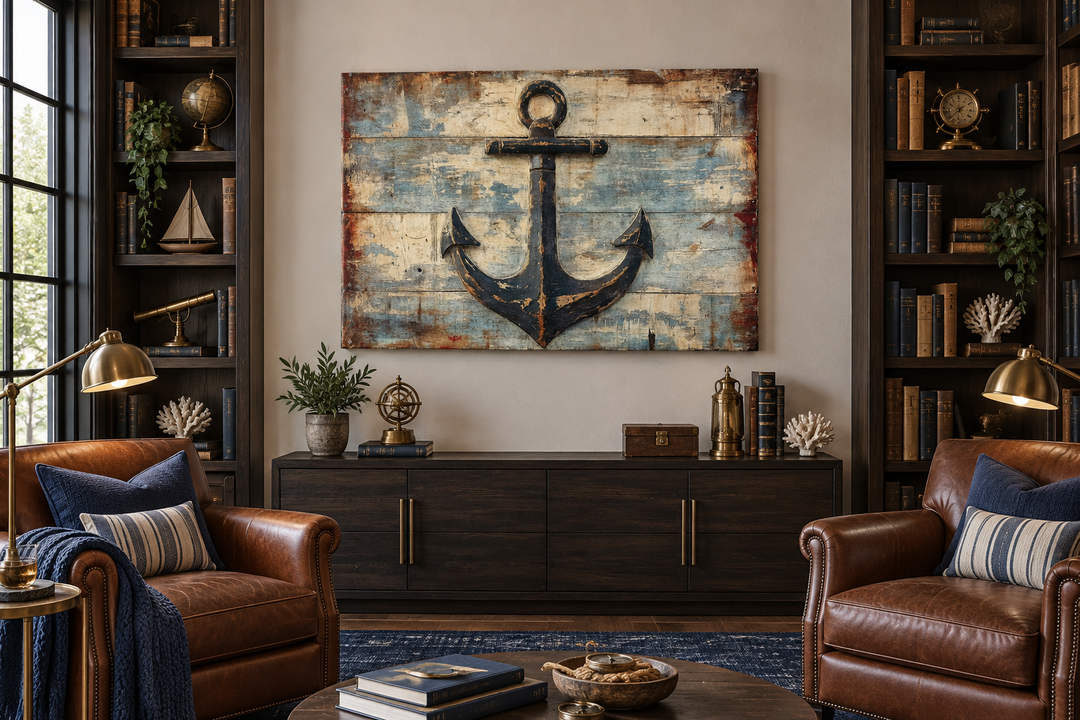 Rustic anchor wall art on a weathered wood-style background in a nautical-themed living room.