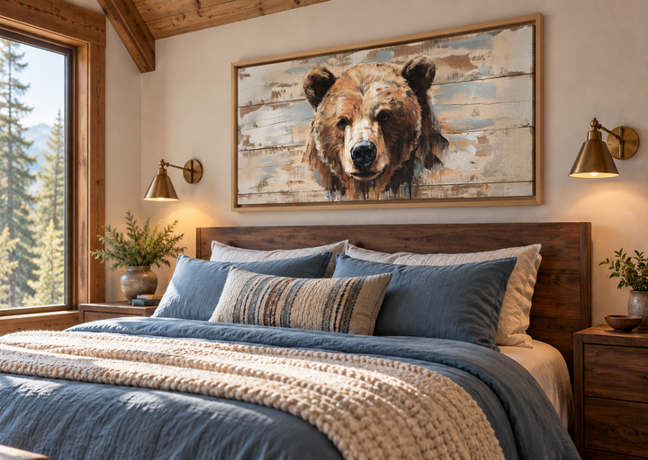 Rustic bear portrait on a distressed wood effect framed canvas print above a bed in a lodge room.