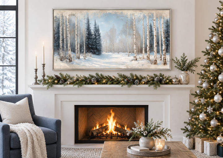 Rustic Birch Trees Forest in Winter canvas wall art in a silver frame above a decorated fireplace.