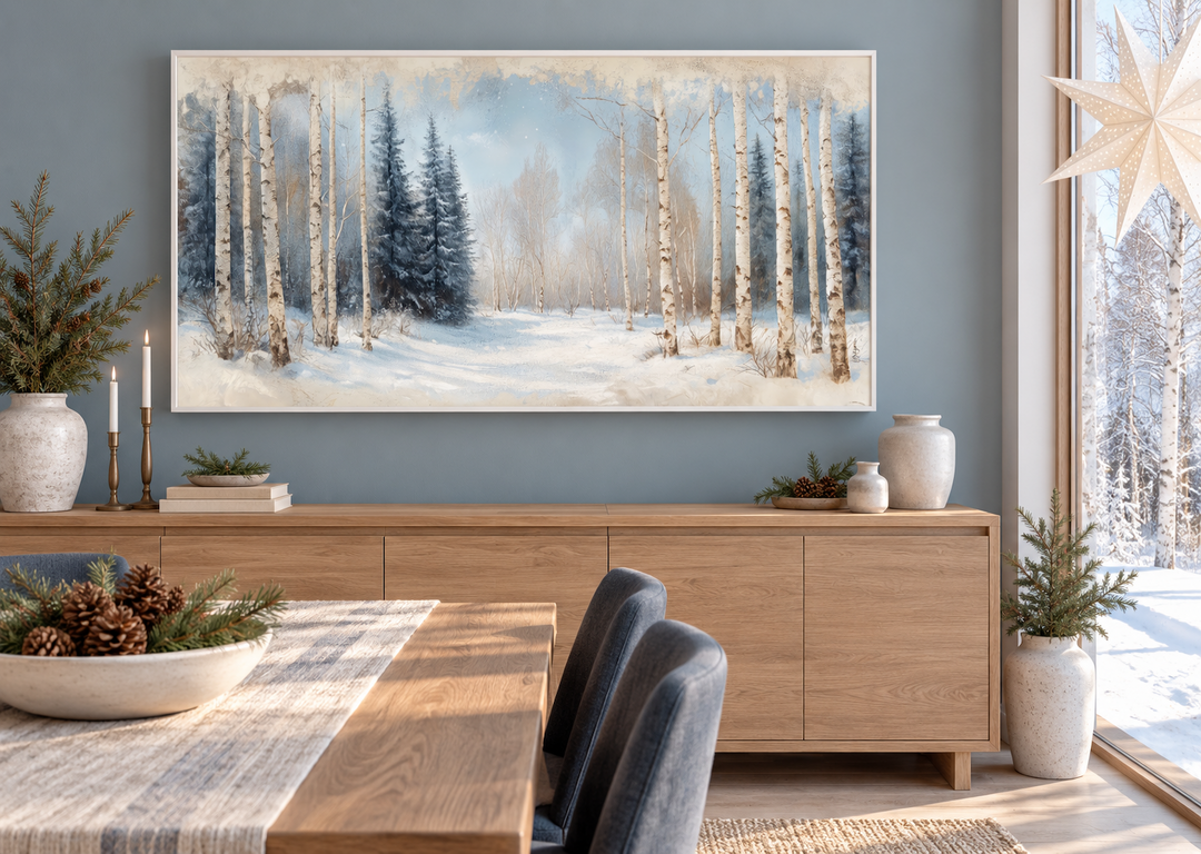 Rustic Birch Trees Forest in Winter canvas wall art in a white frame above a wooden sideboard.