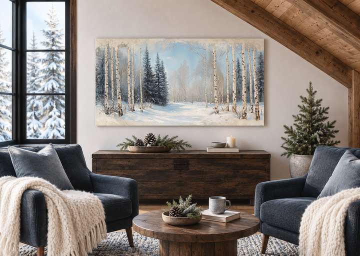 Rustic Birch Trees Forest in Winter canvas wall art hanging above a wooden chest in a cozy room.