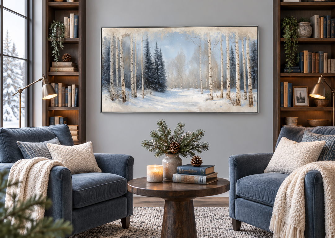 Rustic Birch Trees Forest in Winter canvas wall art in a silver frame above a cozy reading nook.