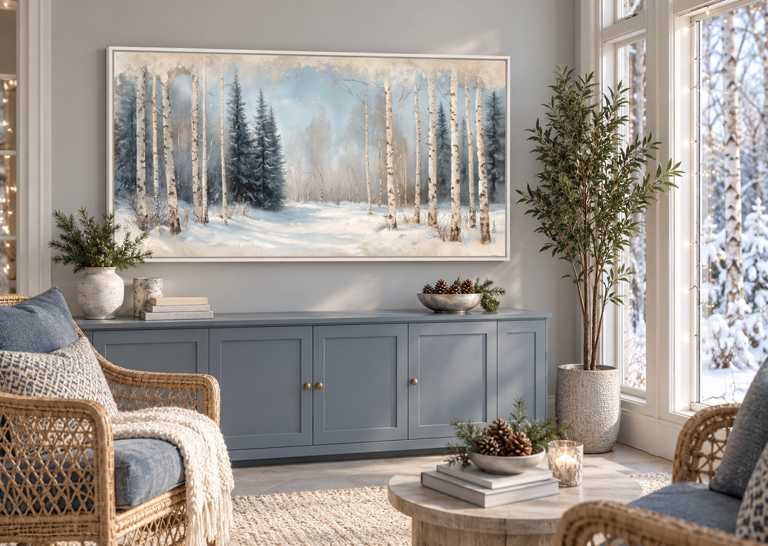 Rustic Birch Trees Forest in Winter canvas wall art in a white frame above a blue sideboard.