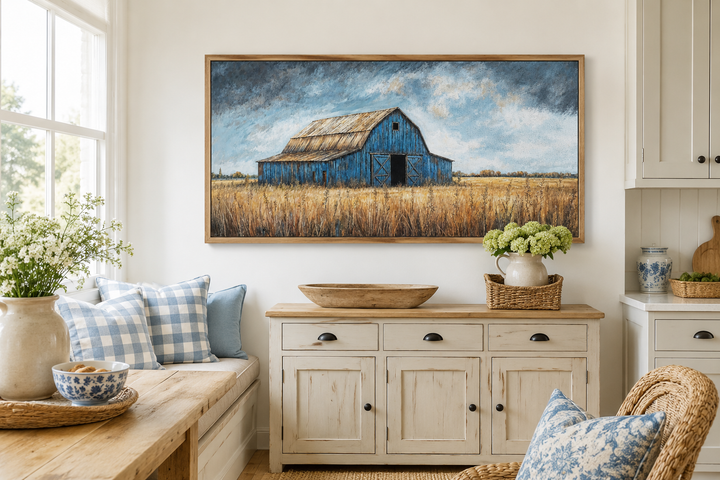 Rustic blue barn framed canvas wall art above a cream sideboard in a farmhouse style room.