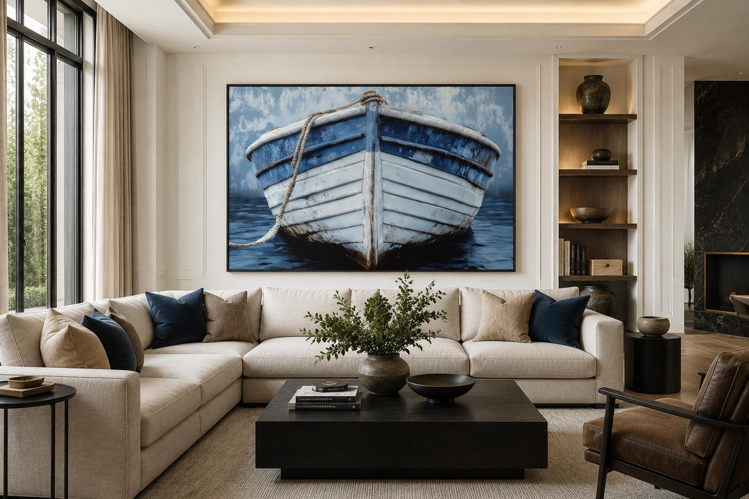 Rustic front view of a blue and white distressed boat canvas wall art in a modern living room.
