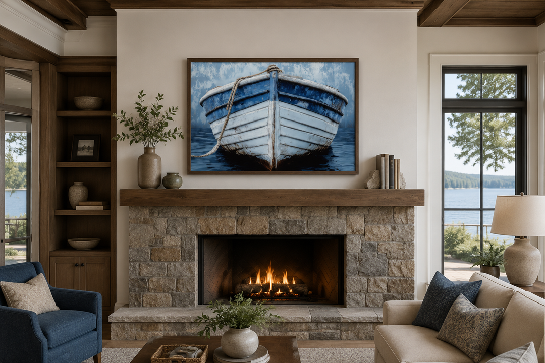 Rustic blue and white distressed boat canvas wall art hanging above a stone fireplace in a room.