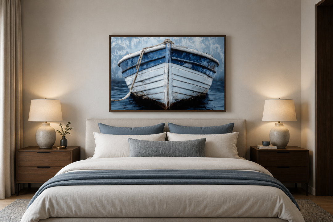 Rustic blue and white distressed boat canvas wall art framed above a bed in a neutral bedroom.