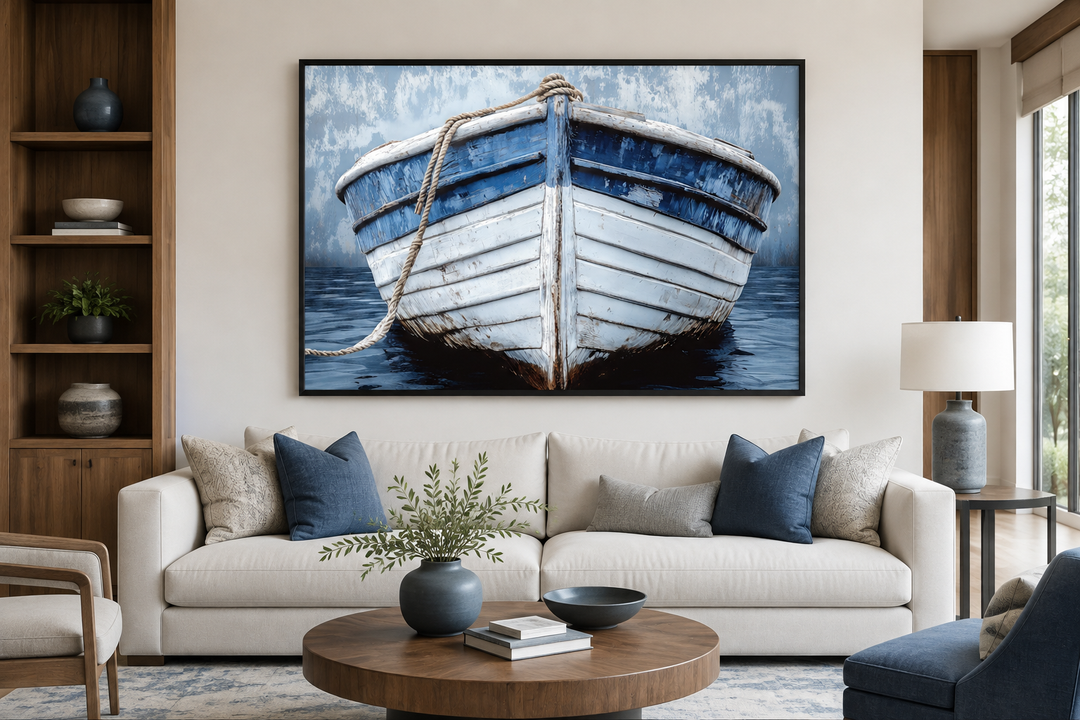 Rustic boat front view wall art in a blue and white distressed finish above a modern cream sofa.