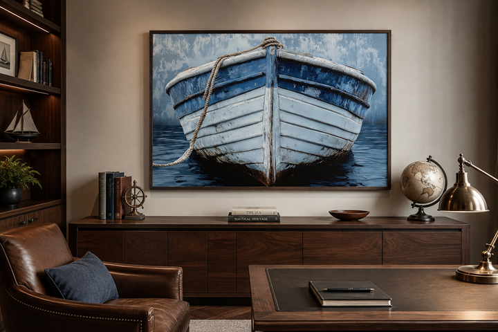 Rustic boat front view blue and white distressed coastal wall art framed in a home office setting.