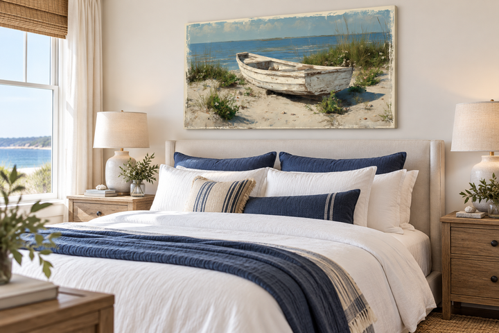 Old White Boat On The Beach Coastal Framed Canvas Wall Art hanging above a bed in a coastal bedroom.