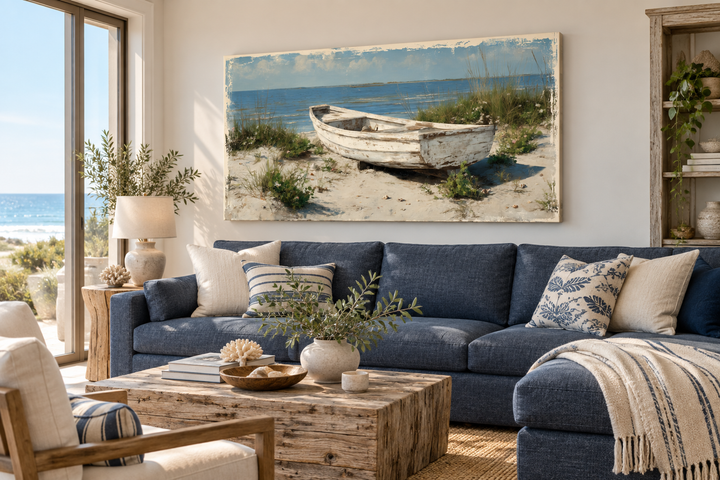Old white boat on the beach coastal framed canvas wall art above a blue sofa in a living room.