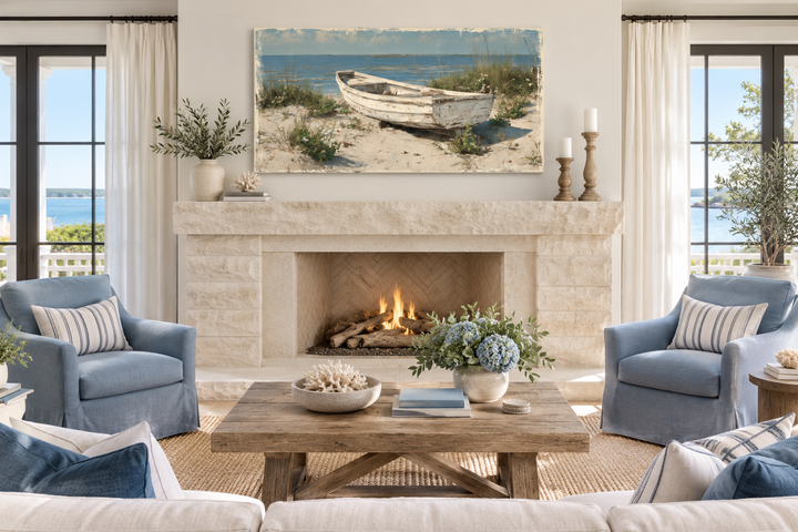 Old white boat on the beach coastal framed canvas wall art hanging above a stone fireplace.