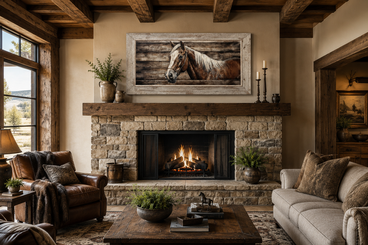 Rustic brown farm horse painting on wood-textured canvas above a stone fireplace in a cozy room.