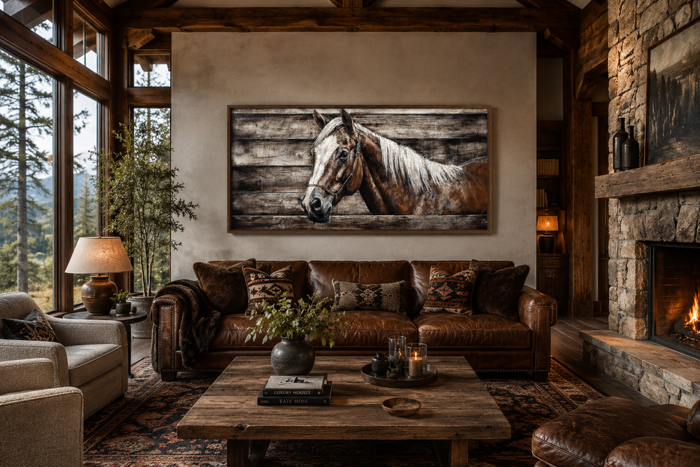 Rustic farm horse painting on wood-textured canvas in a cozy farmhouse living room setting.