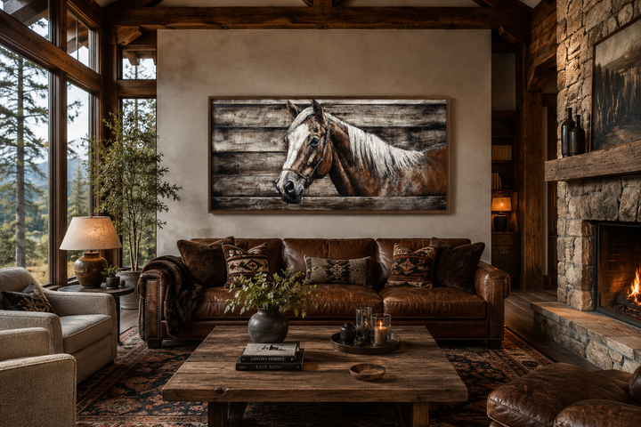 Rustic farm horse painting on wood-textured canvas in a cozy farmhouse living room setting.