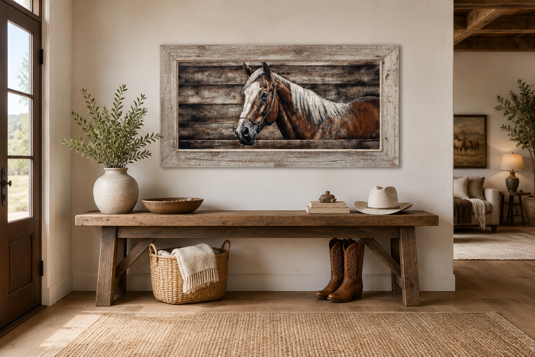 Rustic canvas wall art featuring a detailed brown horse painting on a wood-textured background.