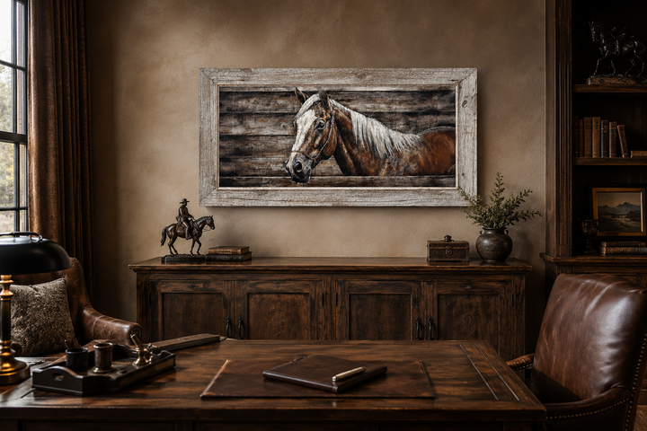 Rustic canvas wall art of a brown farm horse with a white mane on a wood-textured background.