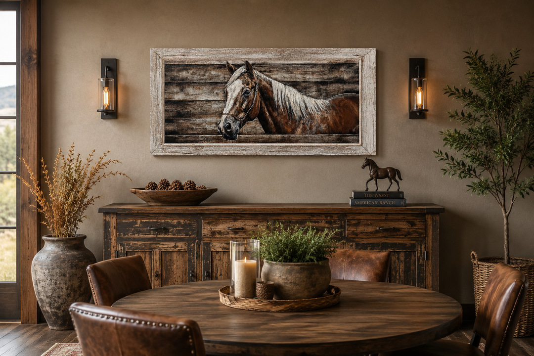 Rustic farm horse painting on wood-textured canvas wall art in a weathered white frame.