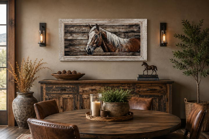 Rustic farm horse painting on wood-textured canvas wall art in a weathered white frame.