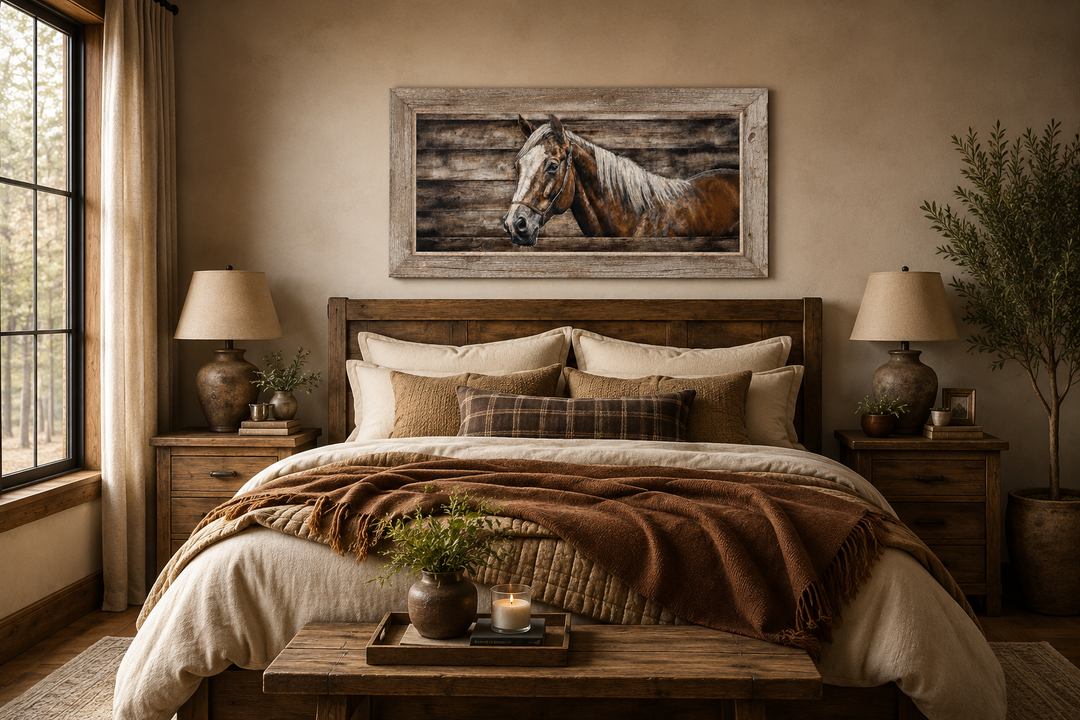 Rustic farm horse painting on wood-textured canvas in a weathered frame above a wooden bed.