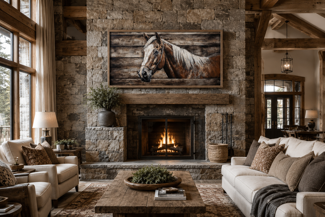 Rustic farm horse painting on wood-textured canvas displayed above a stone fireplace in a cabin.