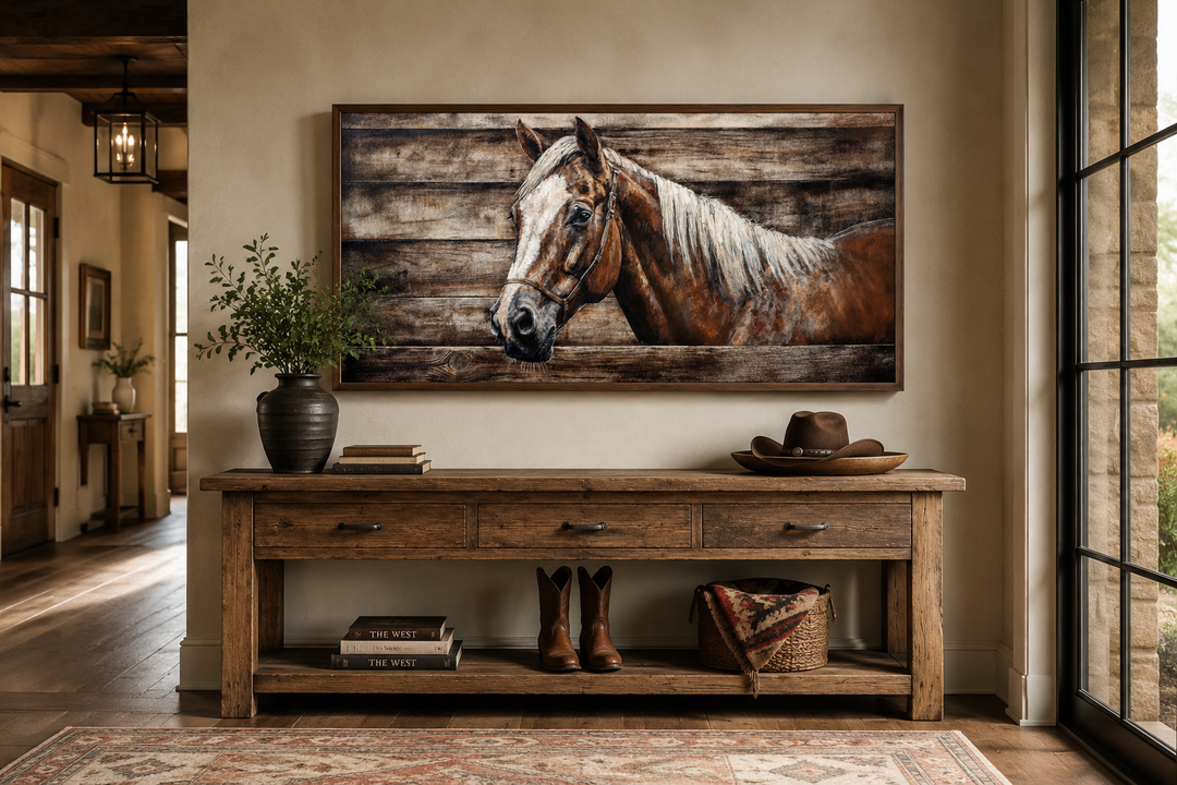 Rustic farm horse painting on wood-textured canvas, framed above a wooden console table.