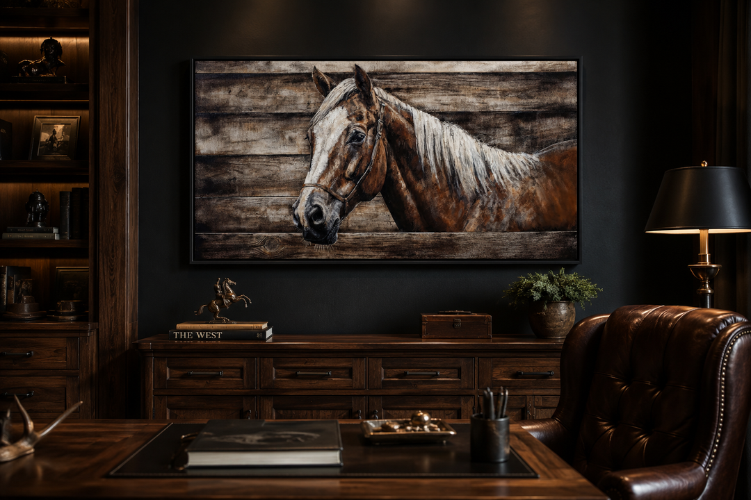 Rustic brown farm horse painting on wood-textured canvas wall art in a dark office setting.