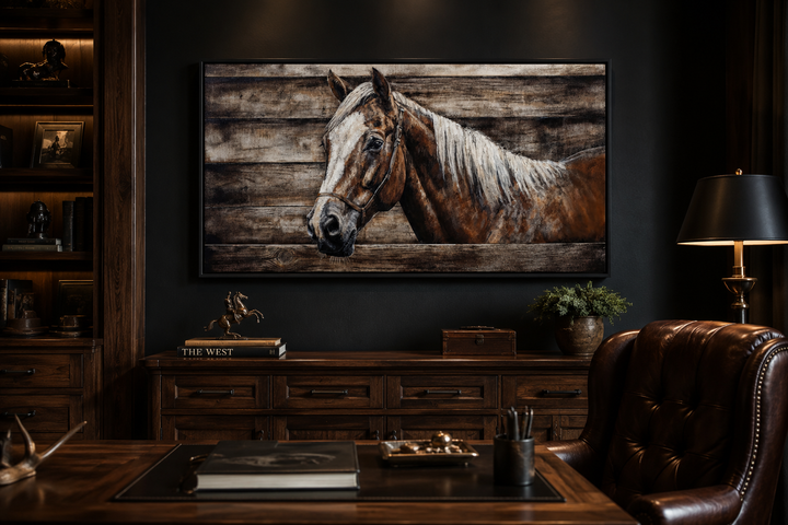 Rustic brown farm horse painting on wood-textured canvas wall art in a dark office setting.